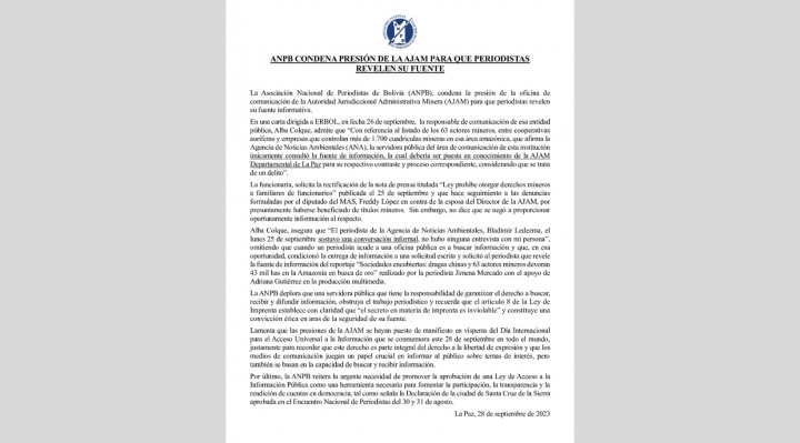 La ANPB condena la presión de la AJAM para que se revele la fuente de un reportaje sobre minería